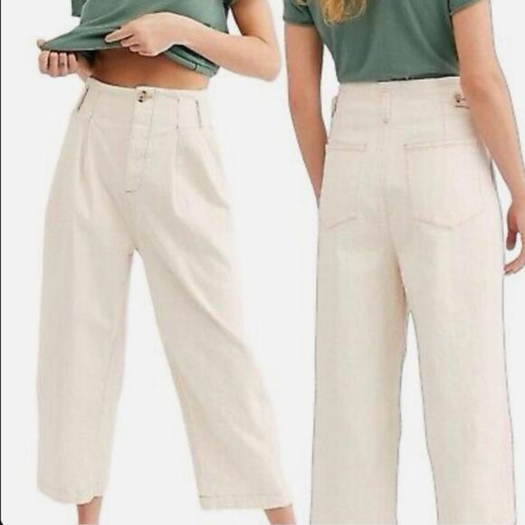 Free People High Rise Wide Leg Crop Pleated Pants Ecru Ivory Gorpcore Thick 2 - Picture 2 of 9